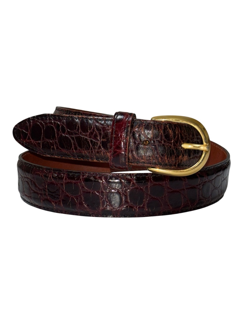 Cole Haan Men's Croc-Embossed Belt in Dark Burgundy with Gold Buckle. Size 34